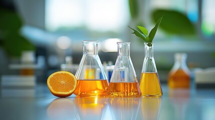 Glass beakers and flasks with natural ingredients in a chemistry lab.