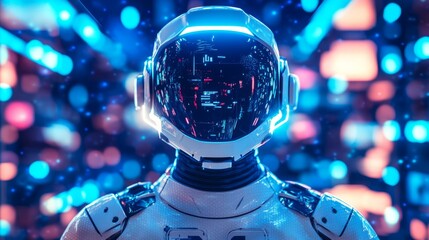 sci-fi soldier in futuristic armor, vibrant blue lights, cyberpunk aesthetic, dynamic and detailed, bold and intense atmosphere