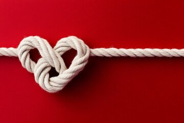 Rope forms a heart symbol on vibrant red backdrop, capturing essence of love and connection for special occasions