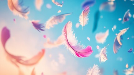 Serene floating feathers glowing in vibrant pastel hues against the sky