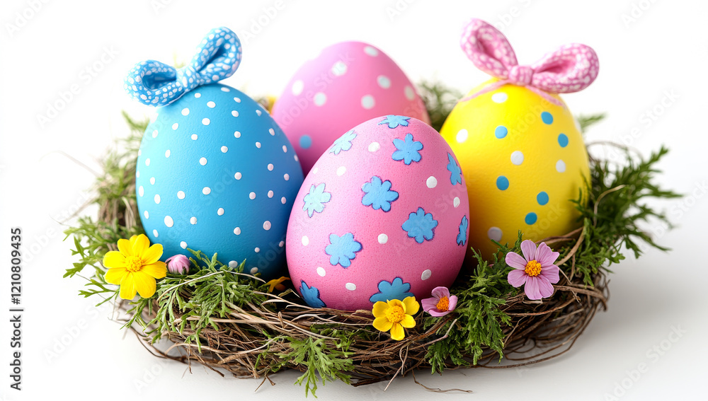 Poster colorful easter eggs arranged in a nest. brightly colored eggs decorated with patterns and bows sit 