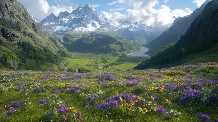 Alpine meadow wildflowers, mountain lake, sunny day, scenic view