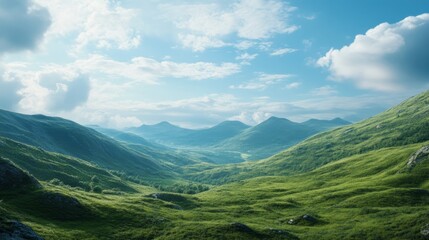 Fototapeta premium Serene mountain landscape with green hills and blue sky, peaceful and inviting, highly detailed, calm and natural, tranquil and beautiful atmosphere