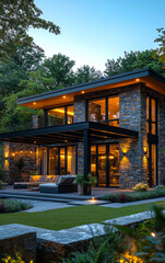 Fototapeta premium Modern stone house with outdoor lighting. A contemporary stone house surrounded by greenery features large windows and warm outdoor lighting in the evening.