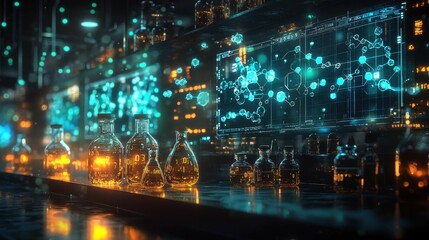 A high-tech laboratory displays glowing beakers and molecular charts. The setting showcases modern science and innovation in genetics and biotechnology.