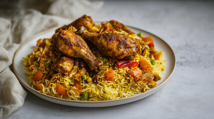 Fototapeta premium Moroccan rice dish with chicken and vegetables
