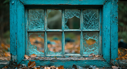 Broken blue window frame in a forest. A cracked blue window frame lies among fallen leaves, showcasing nature's gentle reclamation in the woods.
