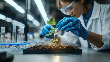 A focused scientist in a lab coat is carefully nurturing a young plant with a dropper. The setting showcases modern biotechnology practices.