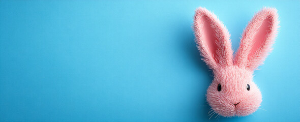 Obraz premium Cute pink bunny head on blue background. A fluffy pink bunny head with long ears rests against a solid blue background, creating a playful atmosphere.