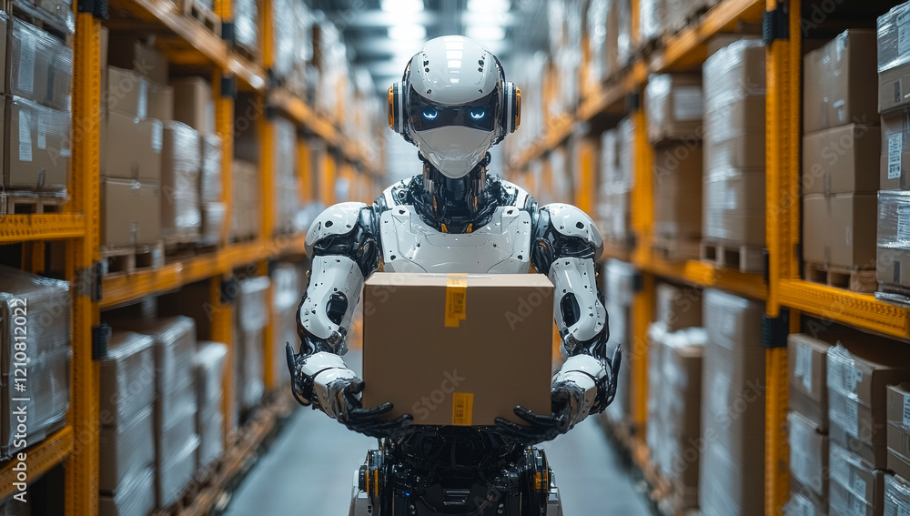 Poster robot delivering package in a warehouse. a humanoid robot holds a box while standing between tall sh