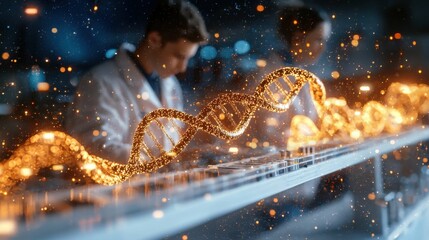 Two scientists, engaged in biotechnology research, study a glowing 3D DNA helix. They represent diverse backgrounds, focusing on innovations in genetics.