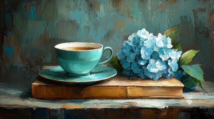 Teal teacup and saucer on antique book beside blue hydrangea.
