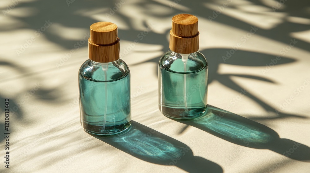 Poster modern skincare bottles on a gradient background with shadow play.