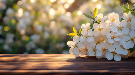 Sunlit garden with white flowers. Clusters of white flowers bloom on a wooden surface, illuminated by soft sunlight in a serene garden setting.
