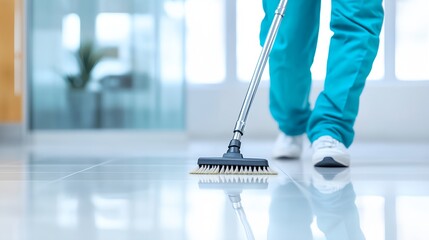 Person in a blue scrub suit is cleaning a floor with a broom