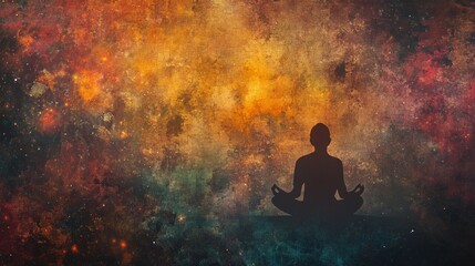 Silhouette of a meditating person against a cosmic galaxy background, ethereal and peaceful, spiritual and serene, high resolution
