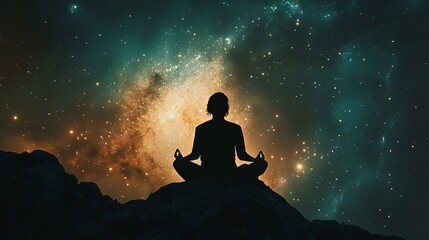 Silhouette of a meditating person against a cosmic galaxy background, ethereal and peaceful, spiritual and serene, high resolution