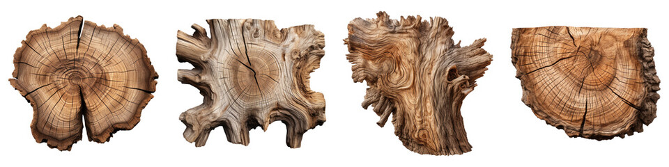 Tree trunk with carvings isolated on transparent background, PNG, Set of