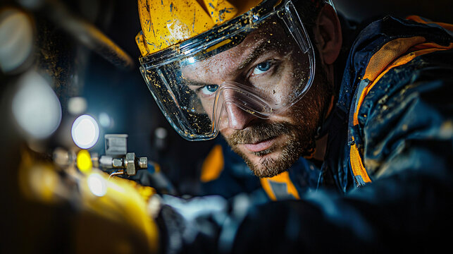 A close-up view of a plumber in full safety gear, focused on repairing an underground gas pipe, with the face visible and illuminated by a work light. 