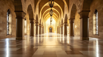 Obraz premium Grand Mosque Interior with Majestic Archways and Golden Lighting : Generative AI