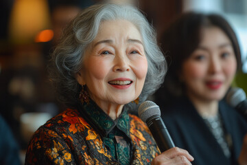 Elderly woman sings and smiles. An elderly woman joyfully sings into a microphone at a lively gathering, showcasing her vibrant personality.