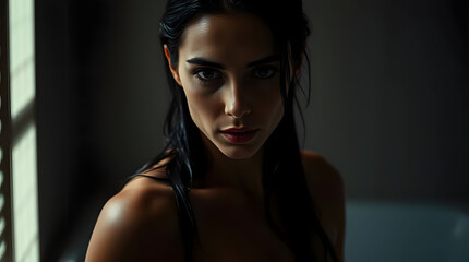 Fototapeta premium Portrait of outgoing woman standing after taking bath. She holding hair with hand