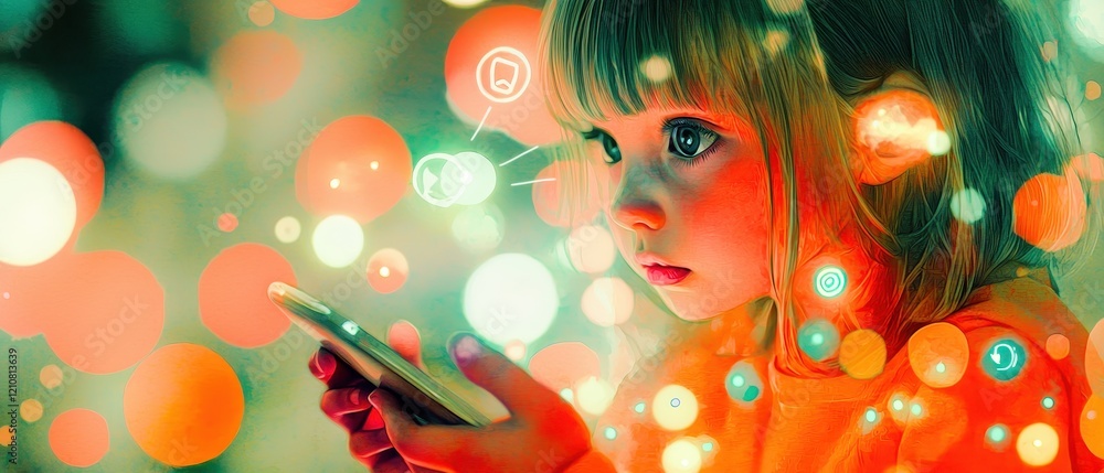 Poster a generation alpha child engaging with a digital assistant in a colorful environment