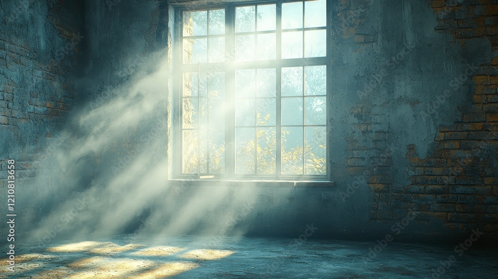 Poster sunbeams stream through a large window in a dilapidated brick room.