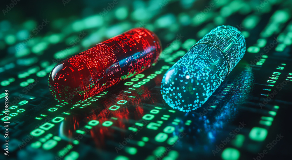 Aufkleber digital pills: tech choice. two colorful capsules sit on a glowing binary backdrop, symbolizing choi