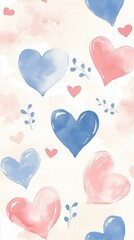 Watercolor hearts and leaves with soft pastel blue and red tones. Valentine's Day Concept