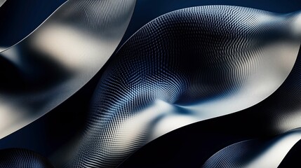 Metallic abstract curves in navy and silver tones, creating an elegant, dark background