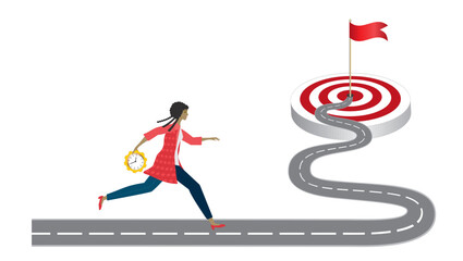 Woman running towards winding road to goal, bringing her clock. Deadline, goals and plan. Vector illustration.