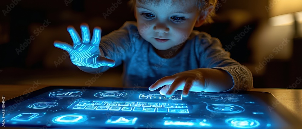 Aufkleber generation alpha child engaging with smart device home environment digital interaction close-up view