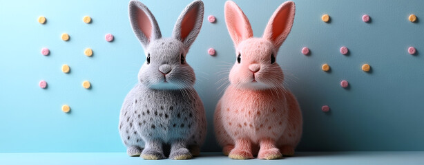 Bunnies on a colorful backdrop. Two adorable bunnies in pastel colors sit side by side against a light blue background with multicolored dots.