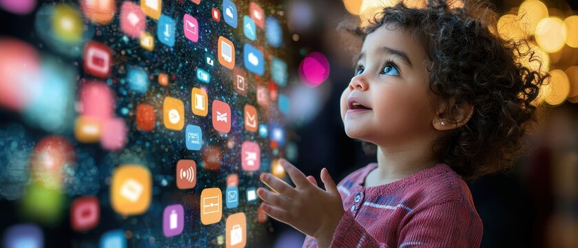 Generation Alpha Child Engaging with Futuristic Screen Home Environment Digital Interaction Inspirational Perspective