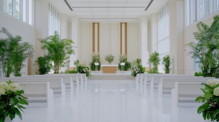 Modern chapel wedding ceremony setup, bright interior, plants. Ideal for wedding websites