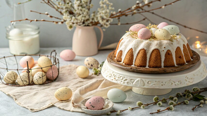 Pastel Easter Cake with Floral Decorations on a Gray Background