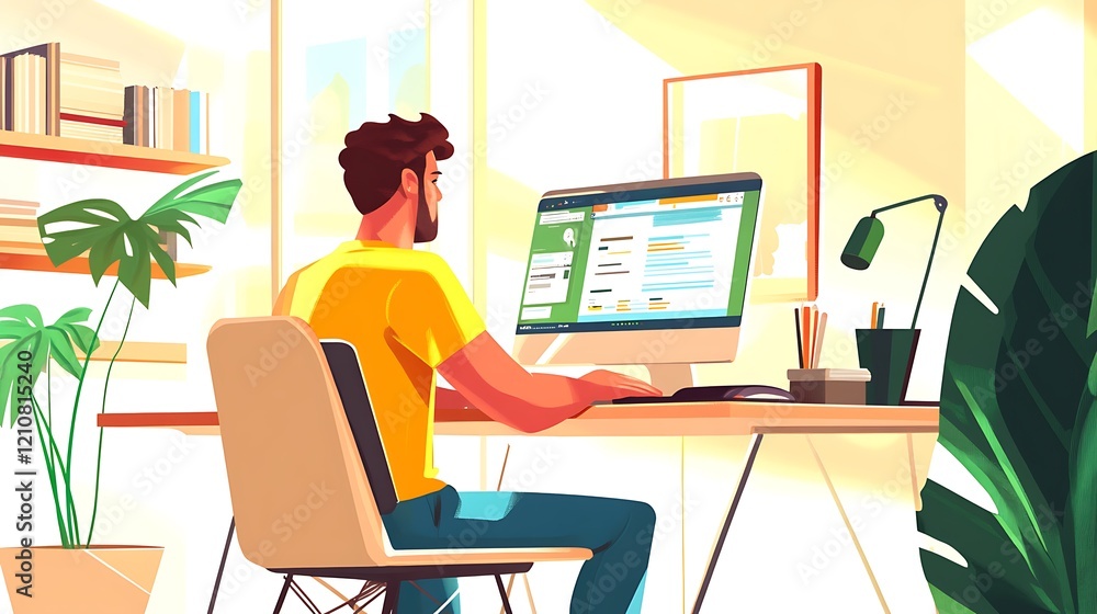 Poster man working from home at his computer desk