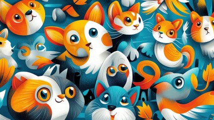 Colorful illustration of cute cartoon cats and dogs.