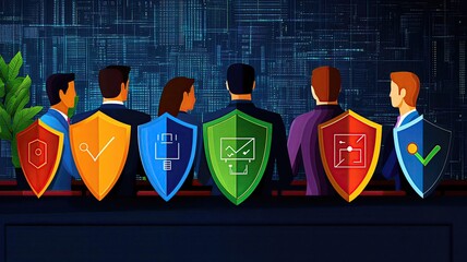 Corporate Data Protection, A professional workspace with secure servers and shield icons, representing corporate data safety