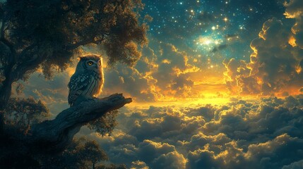 Mystical Treetop Encounter: Owls, Star Map Magic, and Enchanted Night Sky Delight