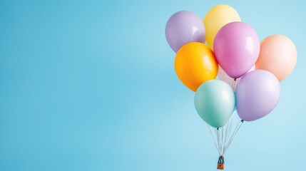 Naklejka premium Pastel balloons floating, blue background, celebration