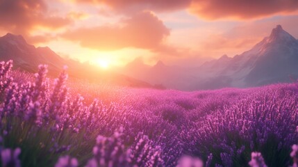 Fototapeta premium Scenic view of a lavender field in the mountains at sunset