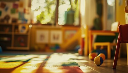 Playroom In Kindergarten With Blurred View Of Toys And Pictures: A Glimpse Inside A Classroom Filled With Children'S Toys And Artwork.