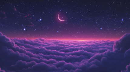Naklejka premium A breathtaking nightscape with a crescent moon amidst a cascade of stars over a sea of clouds. ideal for fantasy or dream-themed projects. Stellar Cascade. Illustration