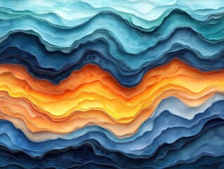 Obraz premium Abstract layered waves in shades of blue, orange, and cream.