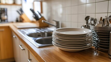 Top view of a clean kitchen with an empty sink, polished counters, and stacked dishes.