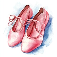 Delicate ballet shoes illustrated in watercolor exhibit detailed textures and soft pink hues, reflecting the grace and beauty of ballet artistry
