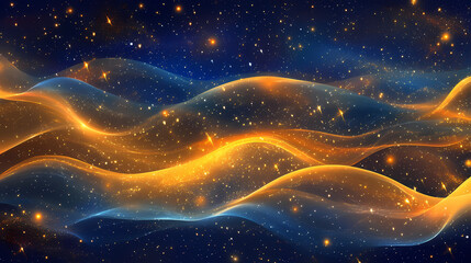 Brilliant golden waves cascade across the dark canvas of space, where shimmering stars punctuate the serene cosmic environment. Stellar Cascade. Illustration