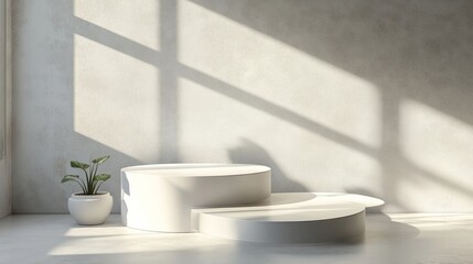 3D white round podium set with light and shadow, minimalist geometric composition, perfect for product display in a studio 